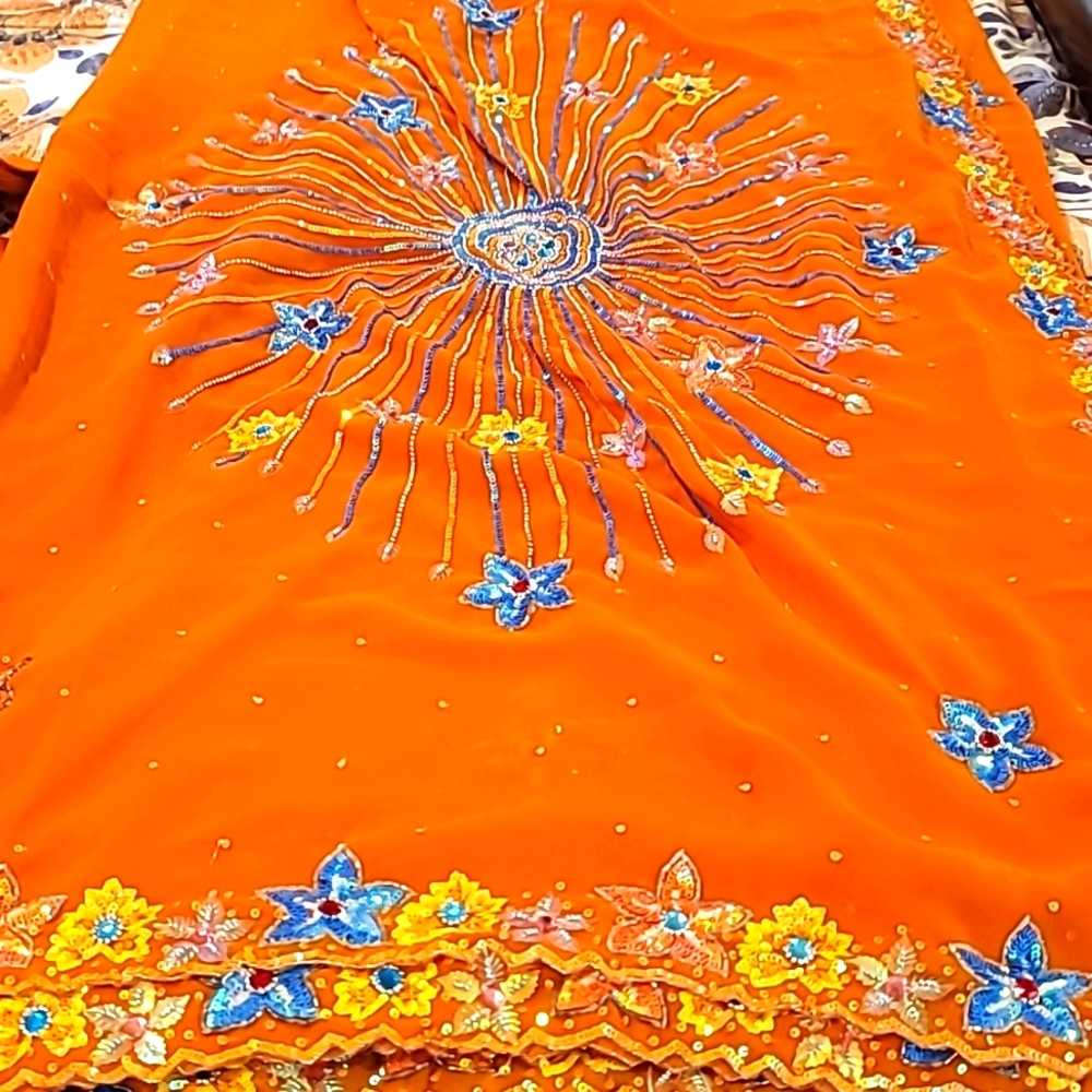 Brand new sari in orange with sequence work with small stitch blouse